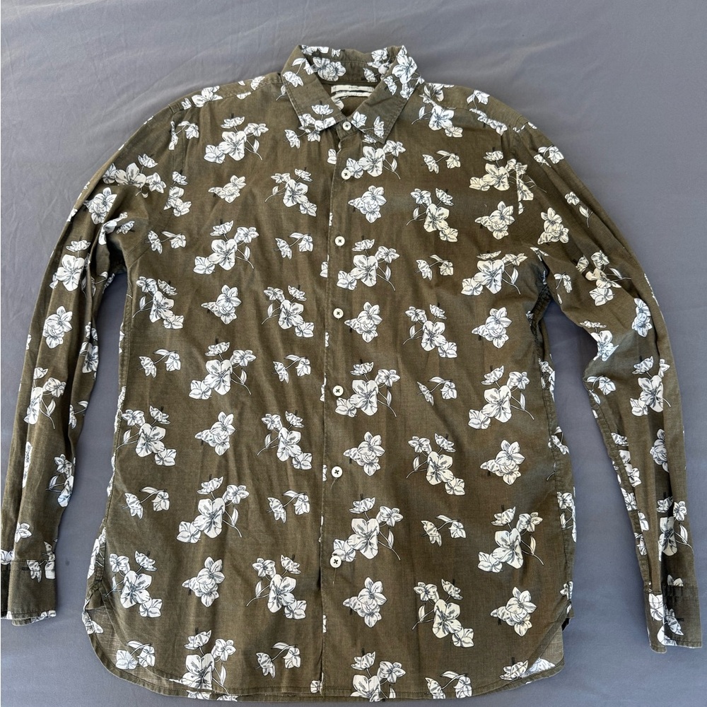 Mango Man Regular Fit Button-Up Shirt – Olive Green Floral